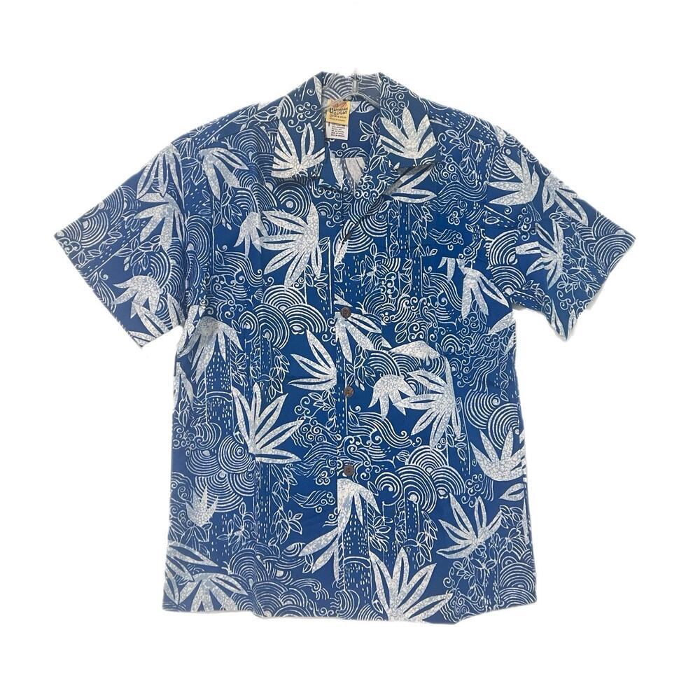 Hawaiian Holiday Shirt Mens Medium Blue Floral Cotton Made Hawaii Beach Vacation